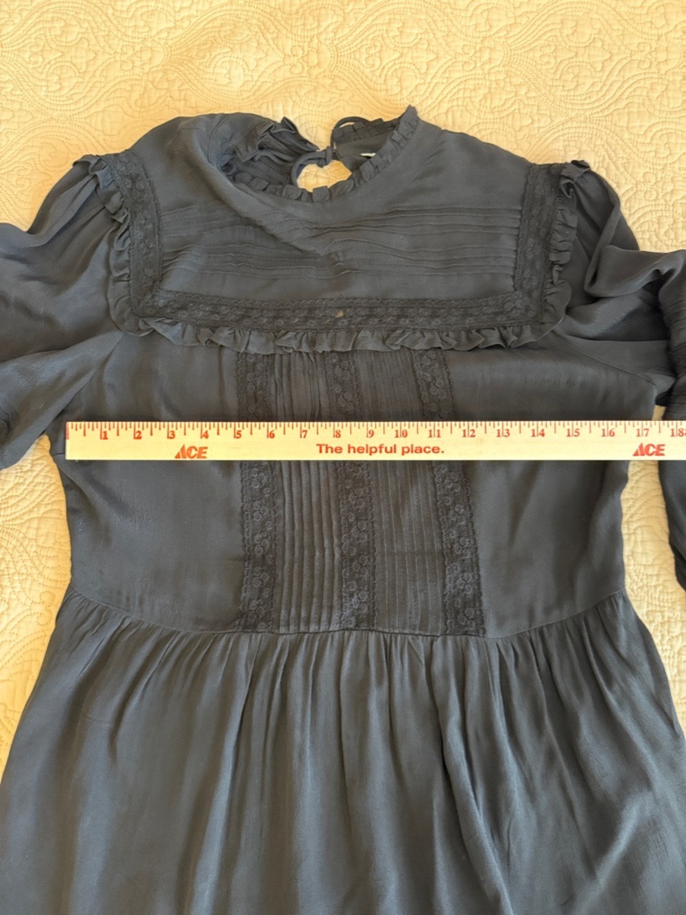 Topshop Black Long-Sleeve Lace Trim Pintuck Dress with zip up side. - Picture 10 of 12